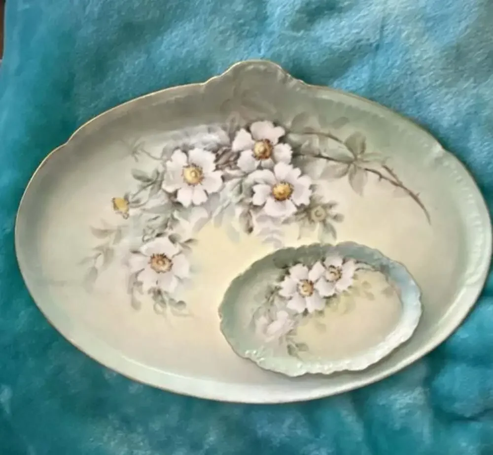 Antique Limoges W.G. & Co Hand-Painted Floral Vanity Tray and Small Dish Set